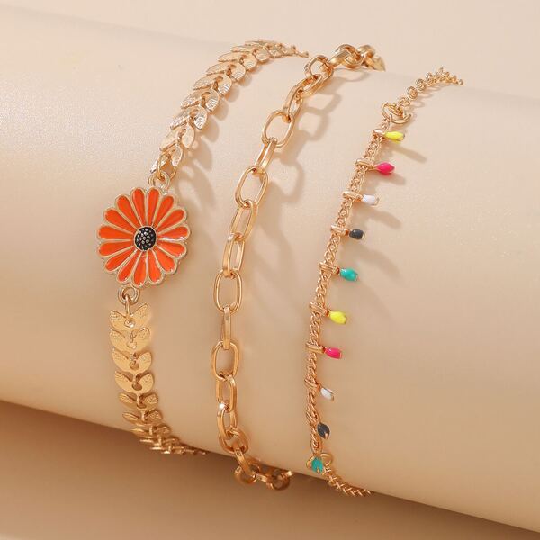

3pcs Flower Decor Anklet, Gold