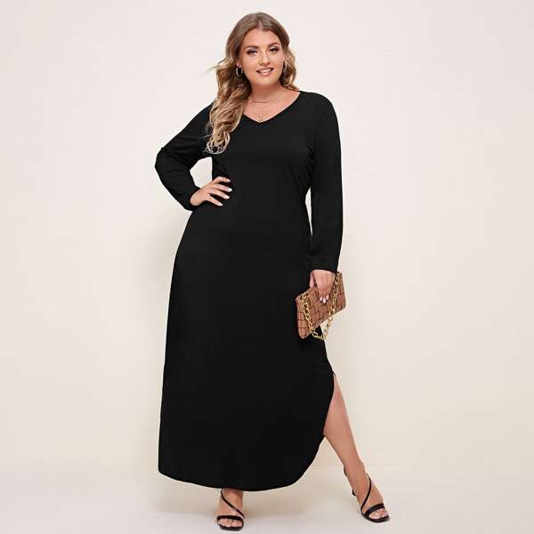 

Plus V-neck Curved Hem Tee Dress, Black