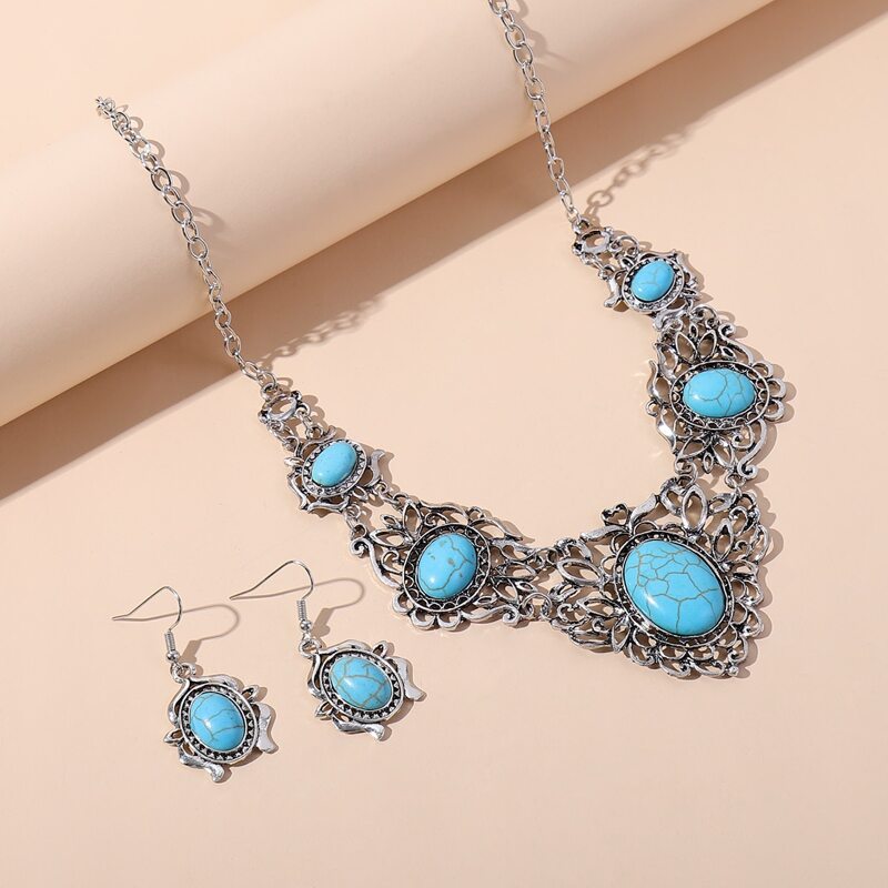 

1pc Turquoise Decor Necklace & 1pair Earrings, Blue