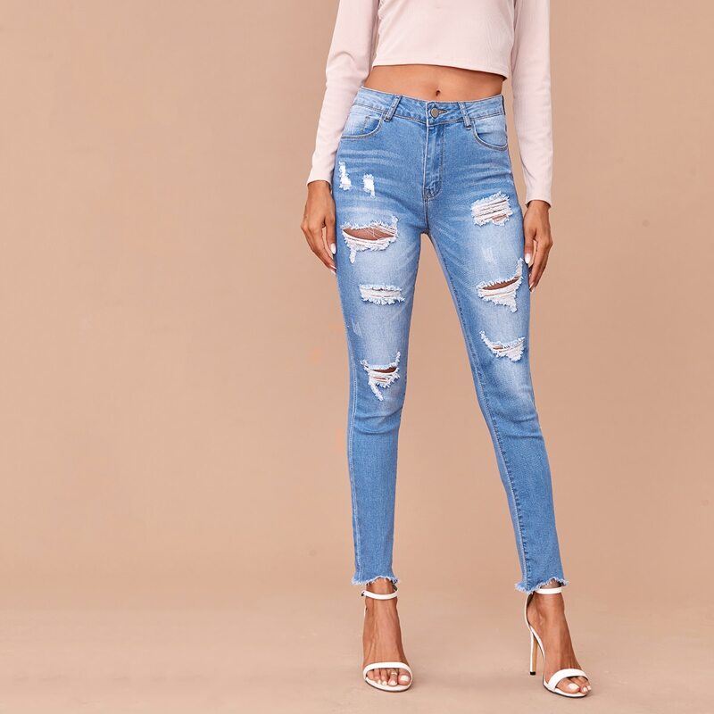 

Slant Pocket Raw Hem Ripped Jeans, Light wash