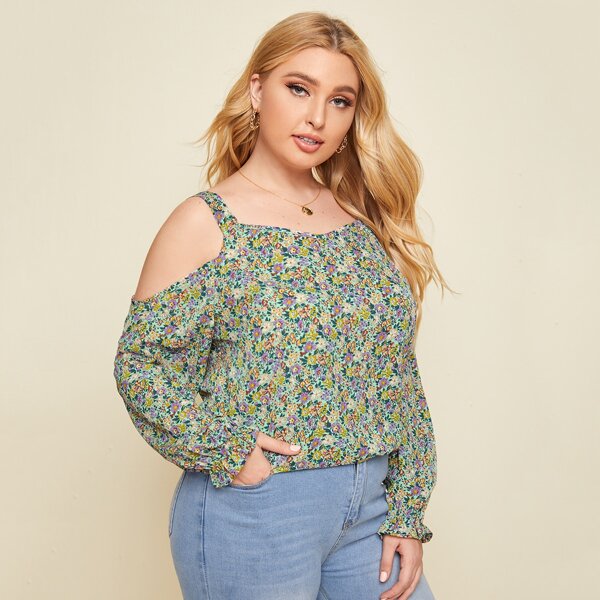 

Plus Ditsy Floral Print Cold Shoulder Blouse, Multicolor