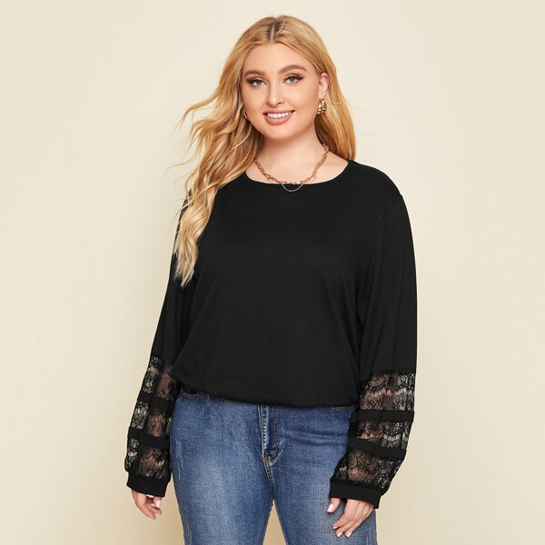 

Plus Contrast Lace Solid Sweatshirt, Black