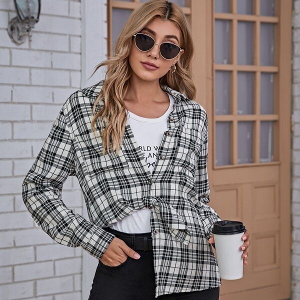 

Pocket Patched Tartan Blouse, Black and white