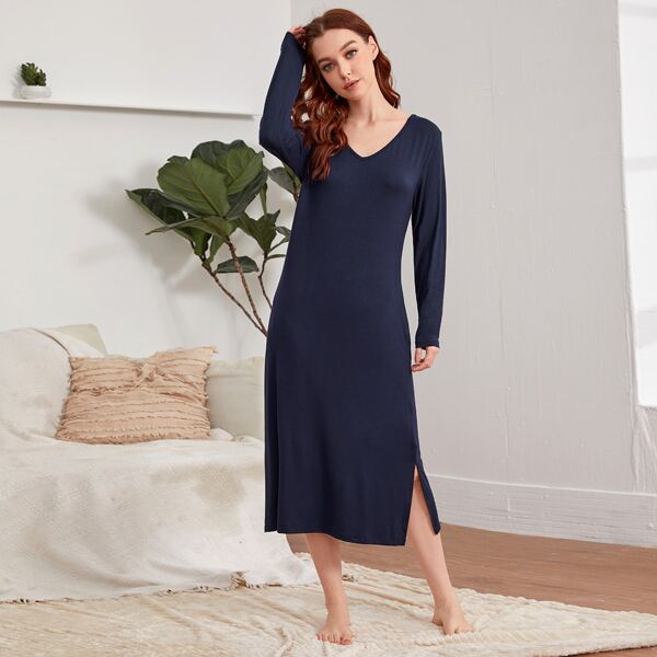 

Solid Split Hem Night Dress, Navy blue