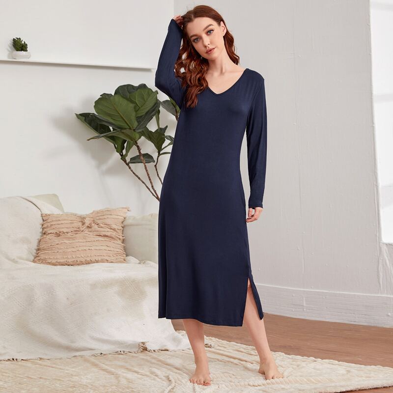 

Solid Split Hem Night Dress, Navy blue
