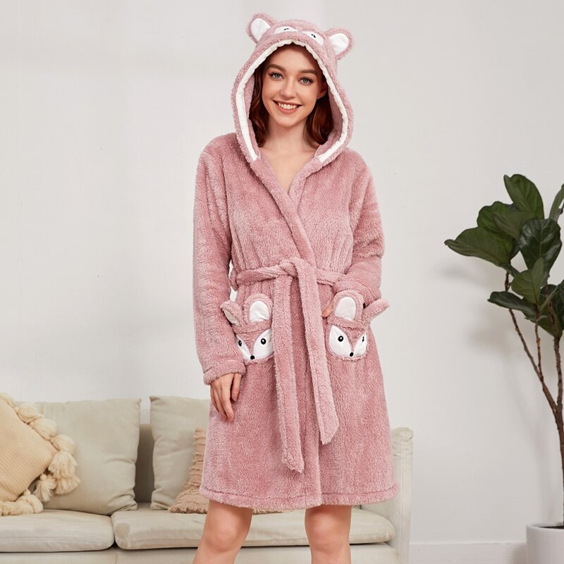 

Cartoon Print Belted Flannel Robe, Dusty pink