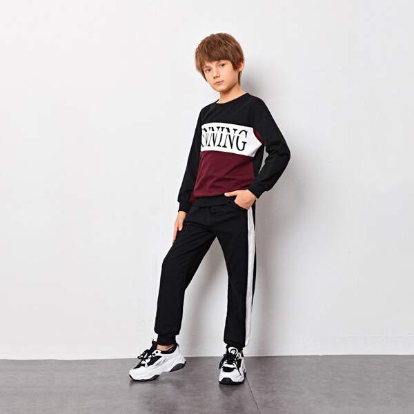 

Boys Letter Graphic Colorblock Pullover and Joggers Set, Multicolor