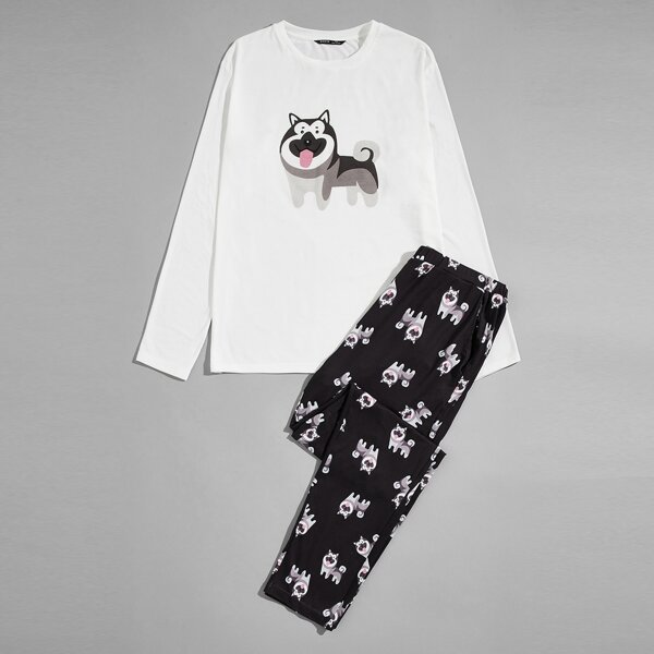 

Men Cartoon Graphic Top & Pants PJ Set, Black and white