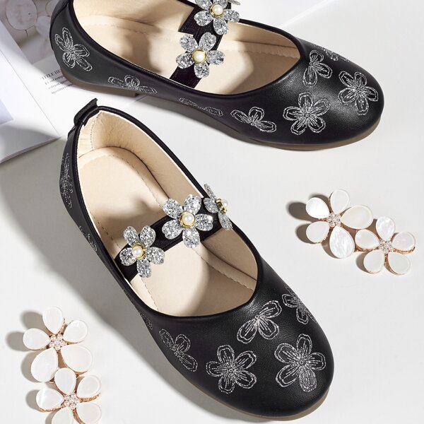 

Toddler Girls Glitter Flower Decor Flats, Black