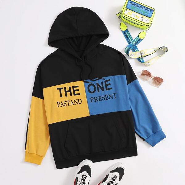 

Plus Colorblock Letter Graphic Panel Hoodie, Black