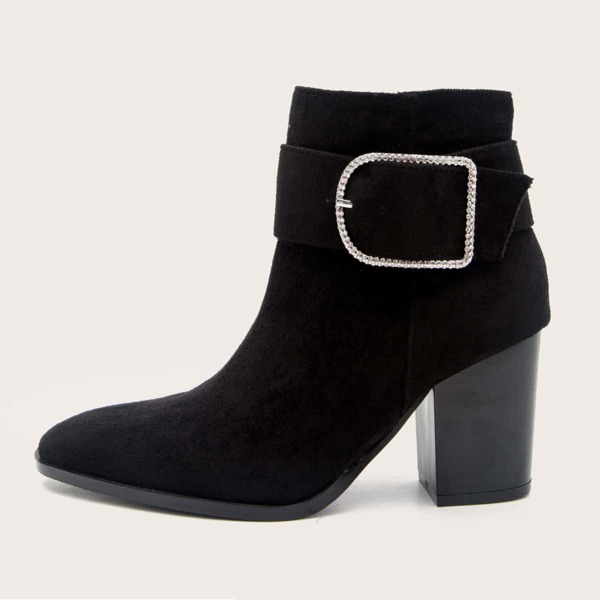 

Rhinestone Buckle Decor Chunky Heeled Boots, Black