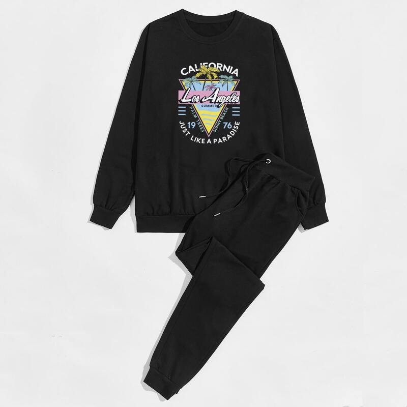 

Guys Tropical Print Sweatshirt & Drawstring Sweatpants, Black