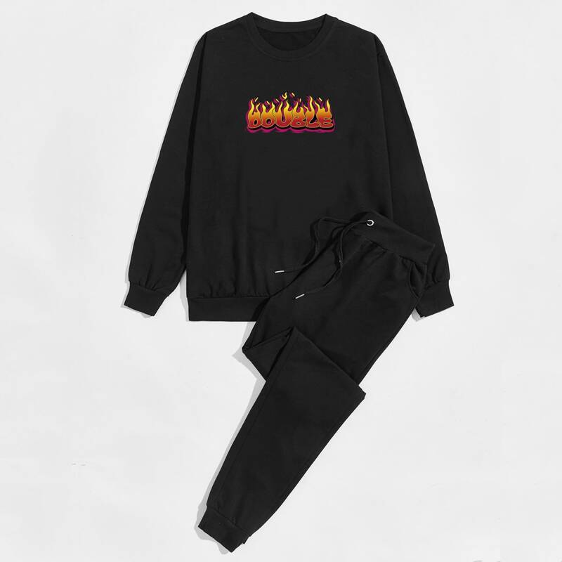 

Guys Fire Print Sweatshirt & Drawstring Sweatpants, Black