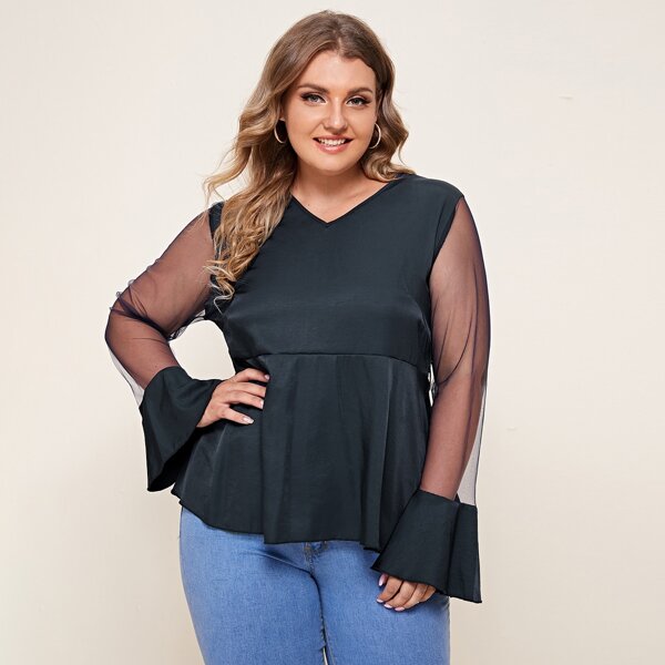 

Plus Contrast Mesh Flounce Sleeve Peplum Blouse, Navy blue
