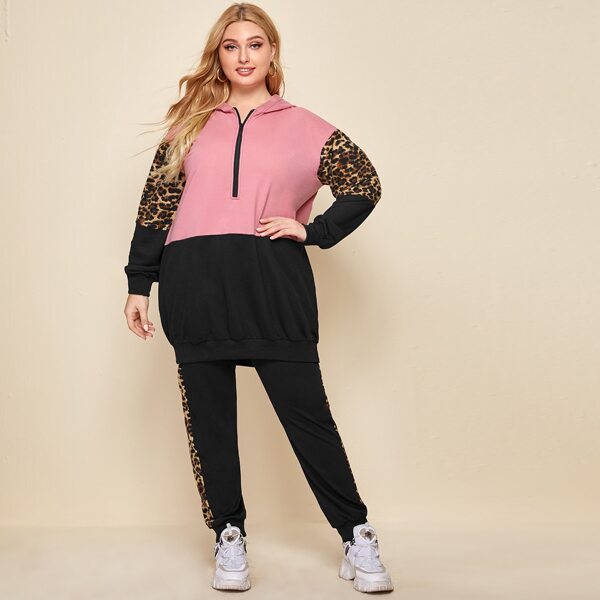

Plus Contrast Panel Leopard Hoodie With Sweatpants, Multicolor