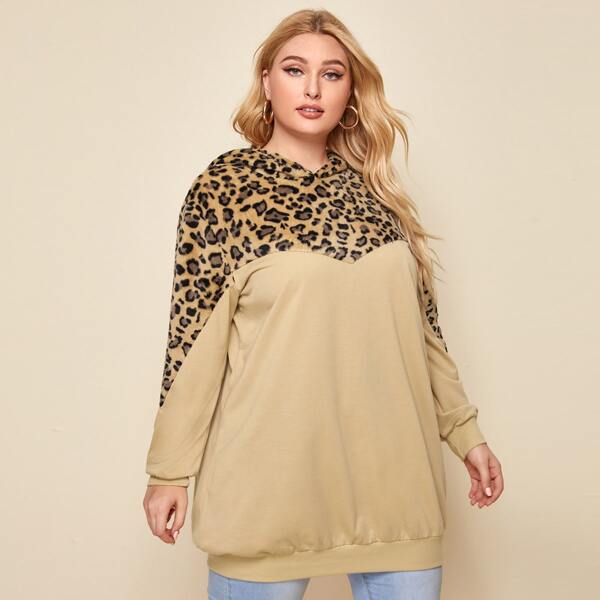 

Plus Contrast Teddy Leopard Hoodie, Khaki