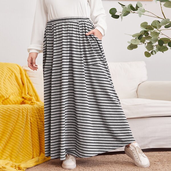 

Plus Slant Pocket Striped Skirt, Grey