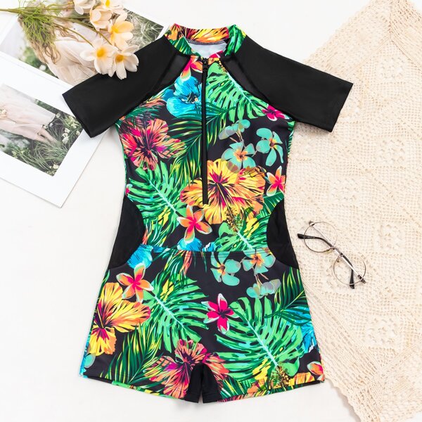 

Tropical & Floral Zip-up One Piece Swimsuit, Multicolor