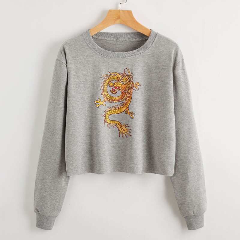 

Chinese Dragon Print Drop Shoulder Crop Sweatshirt, Light grey