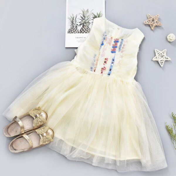 

Toddler Girls Embellished Tie Back Tutu Dress, Beige