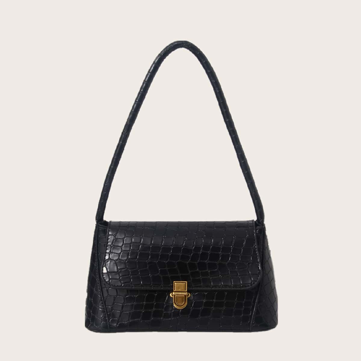 

Croc Embossed Push Lock Baguette Bag, Black