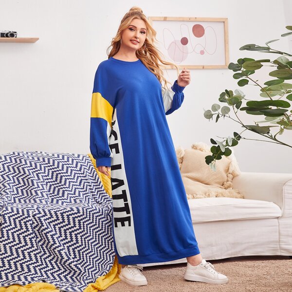 

Plus Letter Graphic Colorblock Sweatshirt Dress, Royal blue