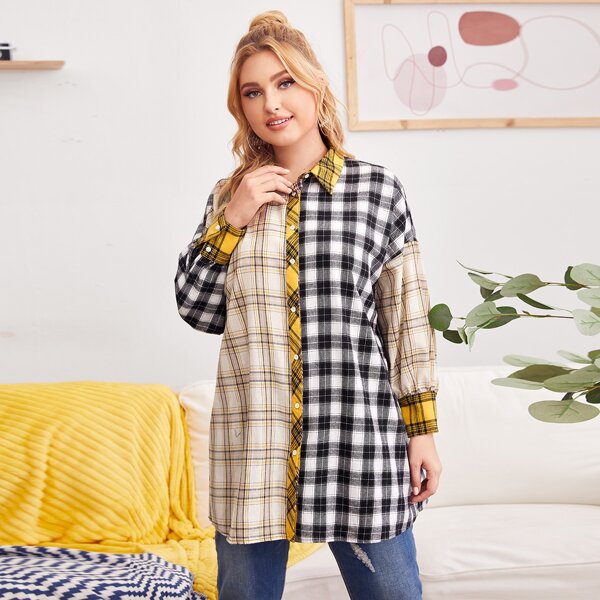

Plus Drop Shoulder Oversized Longline Plaid Blouse, Multicolor