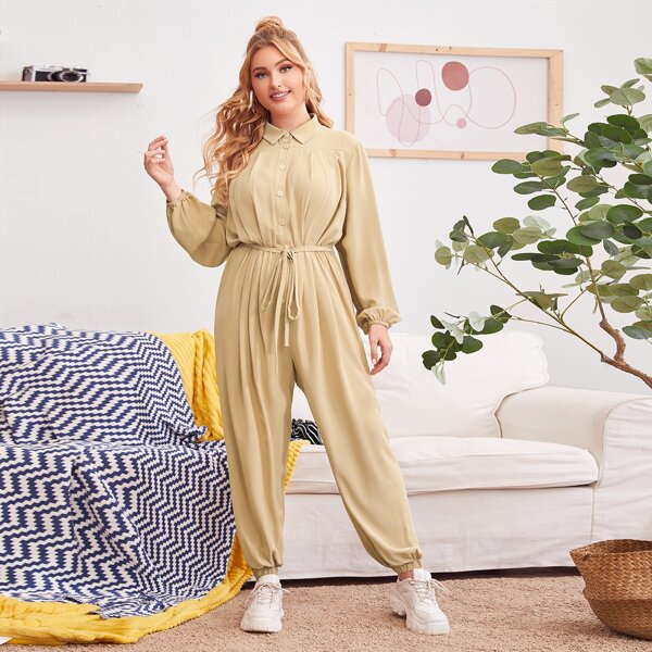 

Plus Lantern Sleeve Self Belted Shirt Jumpsuit, Khaki