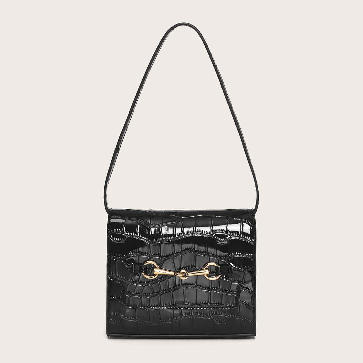 

Horsebit Decor Croc Embossed Shoulder Bag, Black