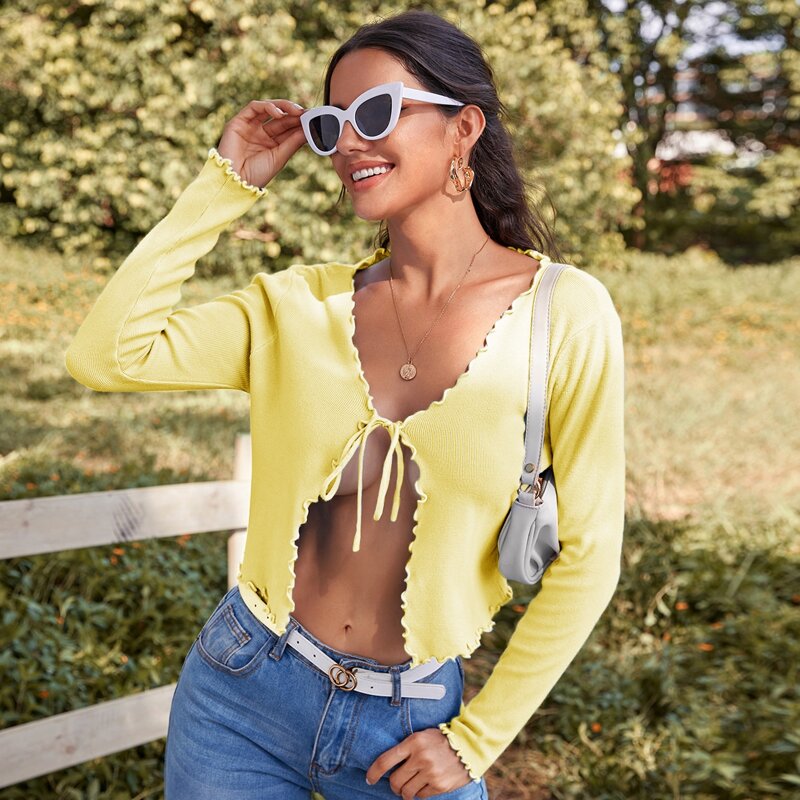 

Lettuce Trim Tie Front Cardigan, Yellow