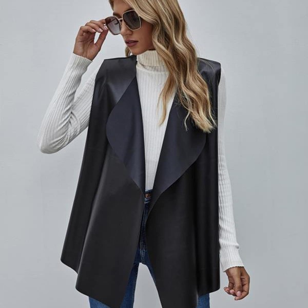 

Waterfall Open Front PU Leather Vest Coat, Black