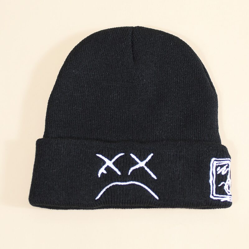 

Embroidered Cartoon Face Graphic Beanie, Black