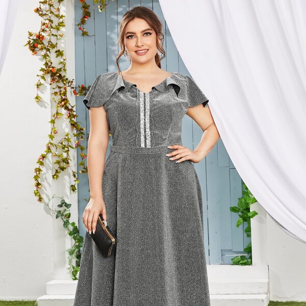 

Plus Ruffle Trim Glitter Maxi Dress, Grey