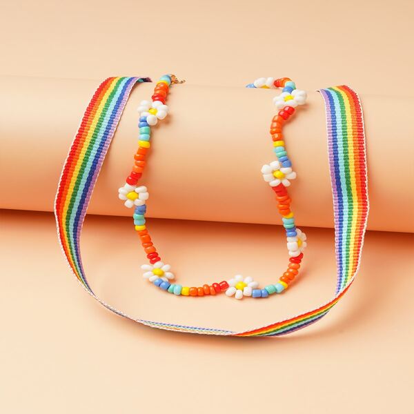 

2pcs Girls Rainbow Striped Necklace, Multicolor