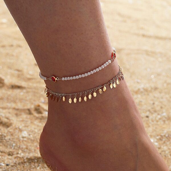 

2pcs Faux Pearl Decor Anklet, Gold