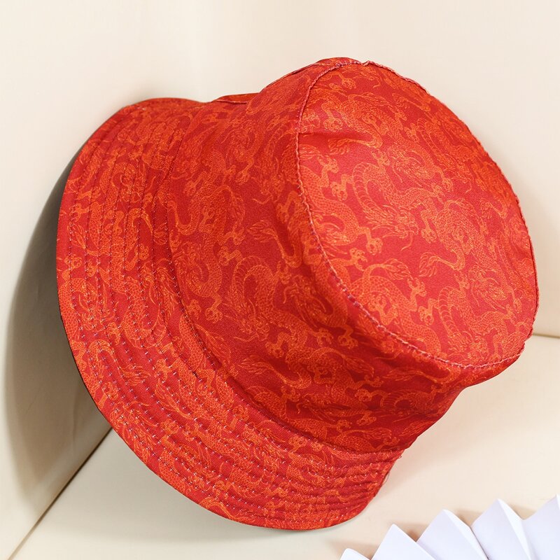 

Chinese Dragon Pattern Reversible Bucket Hat, Red