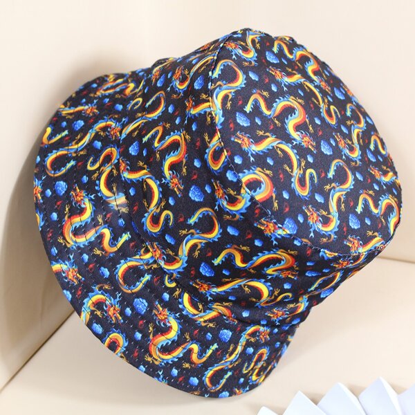 

Chinese Dragon Pattern Reversible Bucket Hat, Black