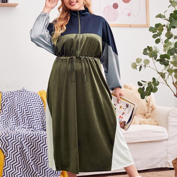 

Plus Drawstring Waist Colorblock Velvet Dress, Multicolor