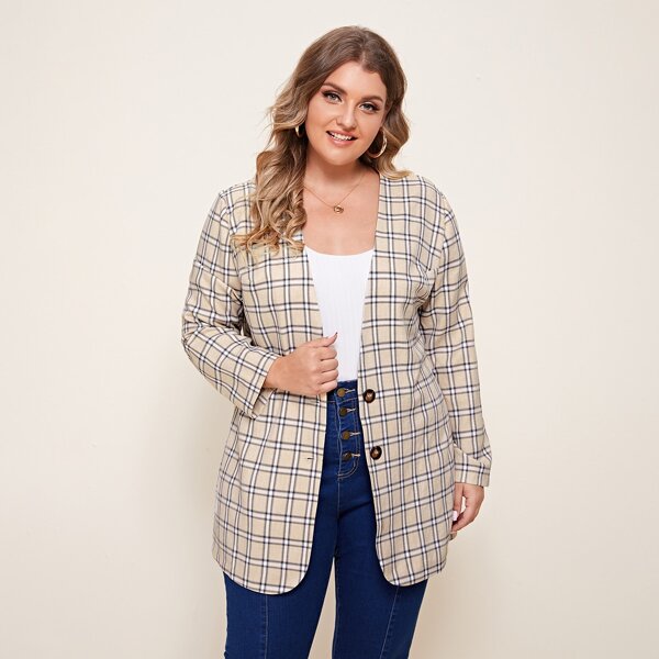 

Plus Single Breasted Plaid Print Blazer, Multicolor