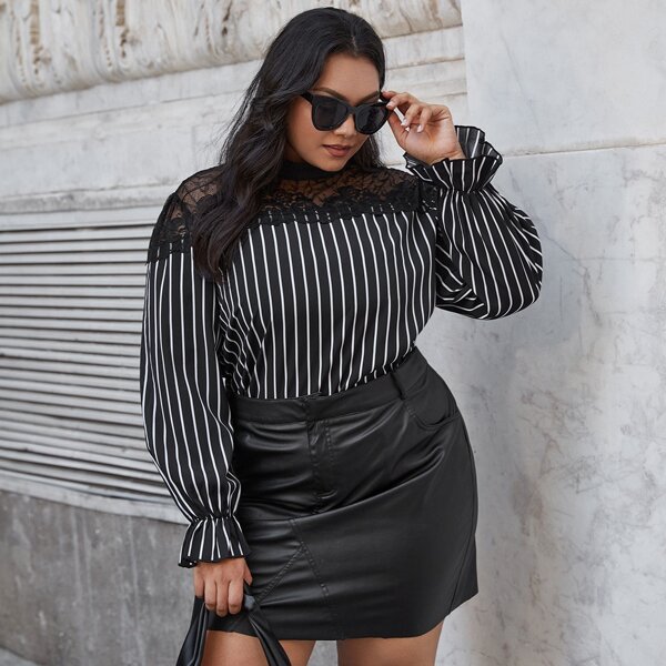 

Plus Contrast Lace Yoke Striped Top, Black