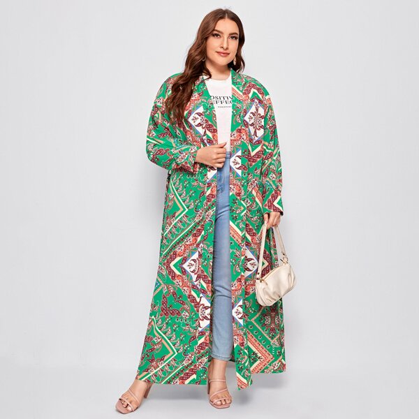 

Plus Scarf & Paisley Print Belted Kimono, Green