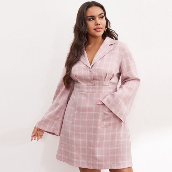 

Plus Fold Pleat Button Front Patch Pocket Plaid Dress, Baby pink