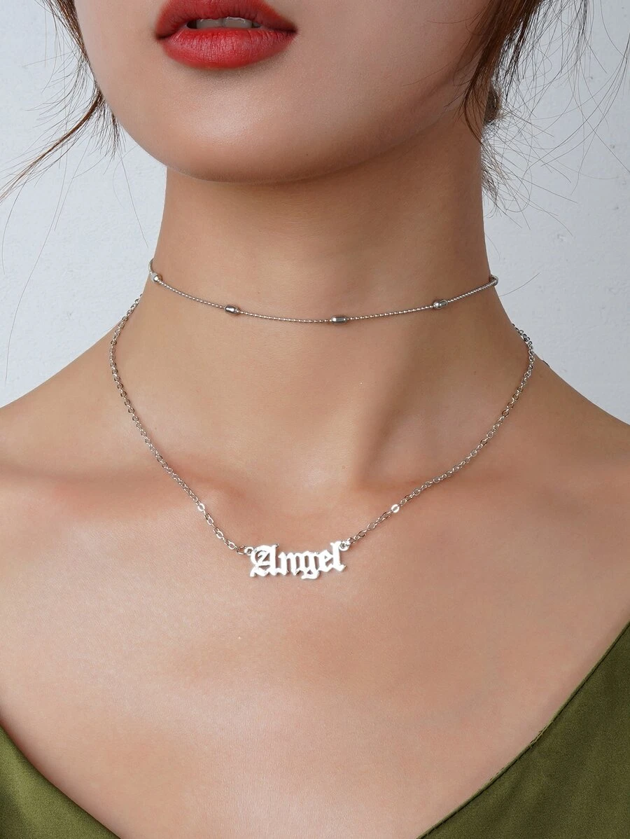 Letter Charm Layered Necklace - Silver - View 1