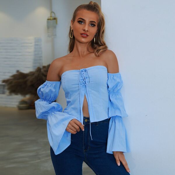 

Off Shoulder Lace Up Top, Baby blue