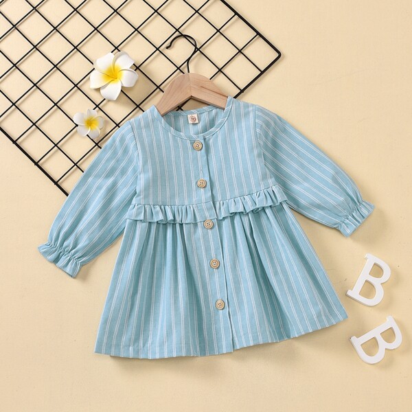

Baby Girl Striped Ruffle Button Front Smock Dress, Baby blue