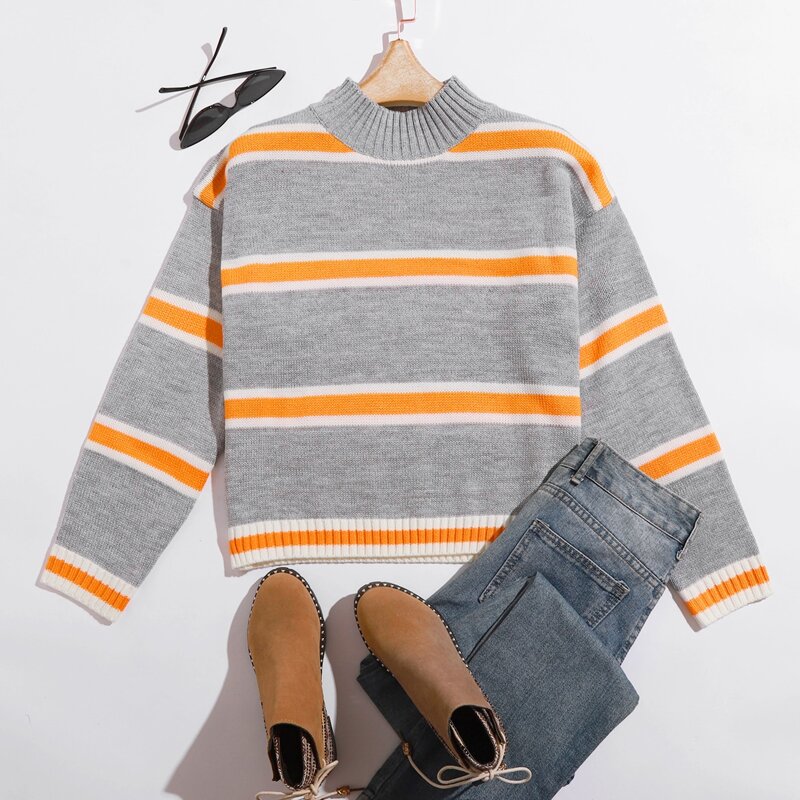 

Drop Shoulder Striped Sweater, Grey