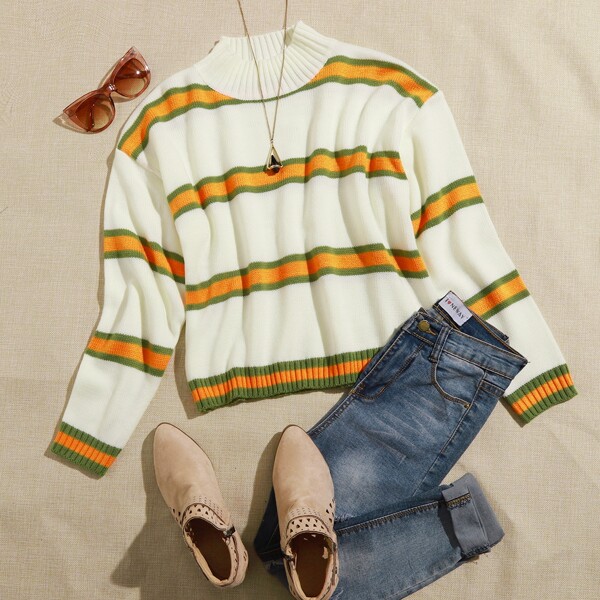 

Drop Shoulder Striped Sweater, Beige