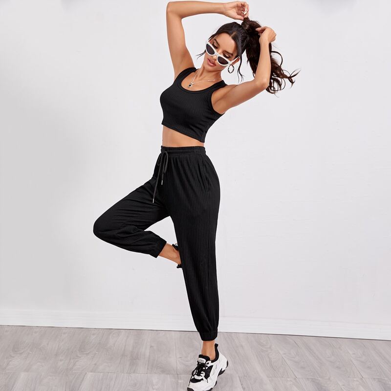 

Rib-knit Crop Tank Top & Joggers Set, Black