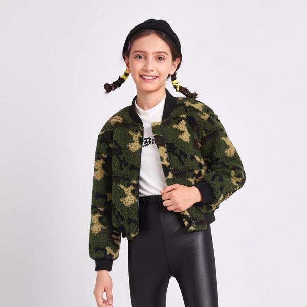 

Girls Camo Teddy Bomber Jacket, Army green