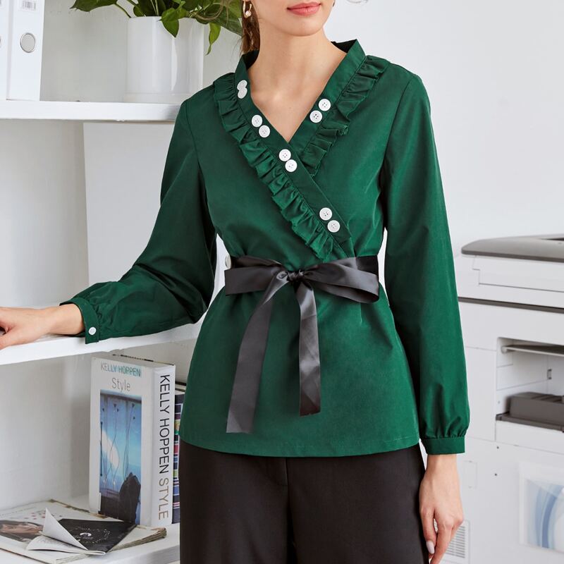 

Ruffle Wrap Button Front Self Belted Blouse, Dark green